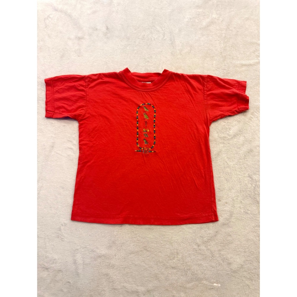 Vintage Darwish Egyptian Hieroglyphics Cotton T Shirt Red Kids XL
